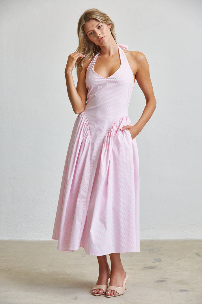 Stripe Halter Midi Dress With Pockets