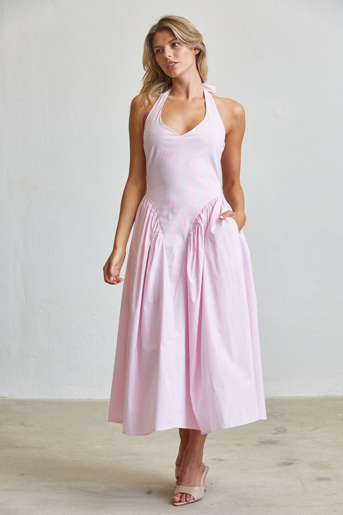 Stripe Halter Midi Dress With Pockets
