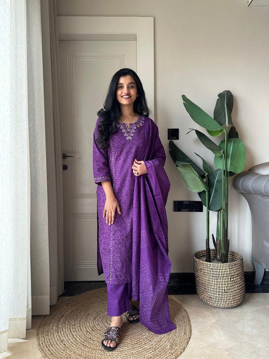 Sugandha Purple Bandhej Cotton Set