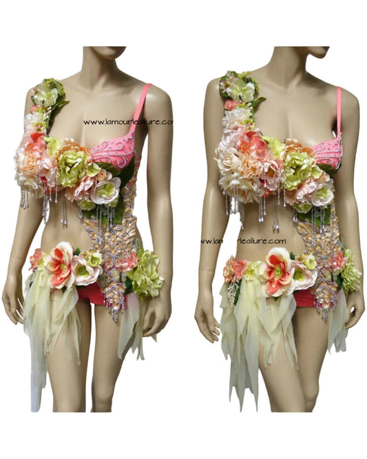 Sweet as a  Peach Cream Spring Fairy Monokini Bra and Cream Skirt Cosplay Costume