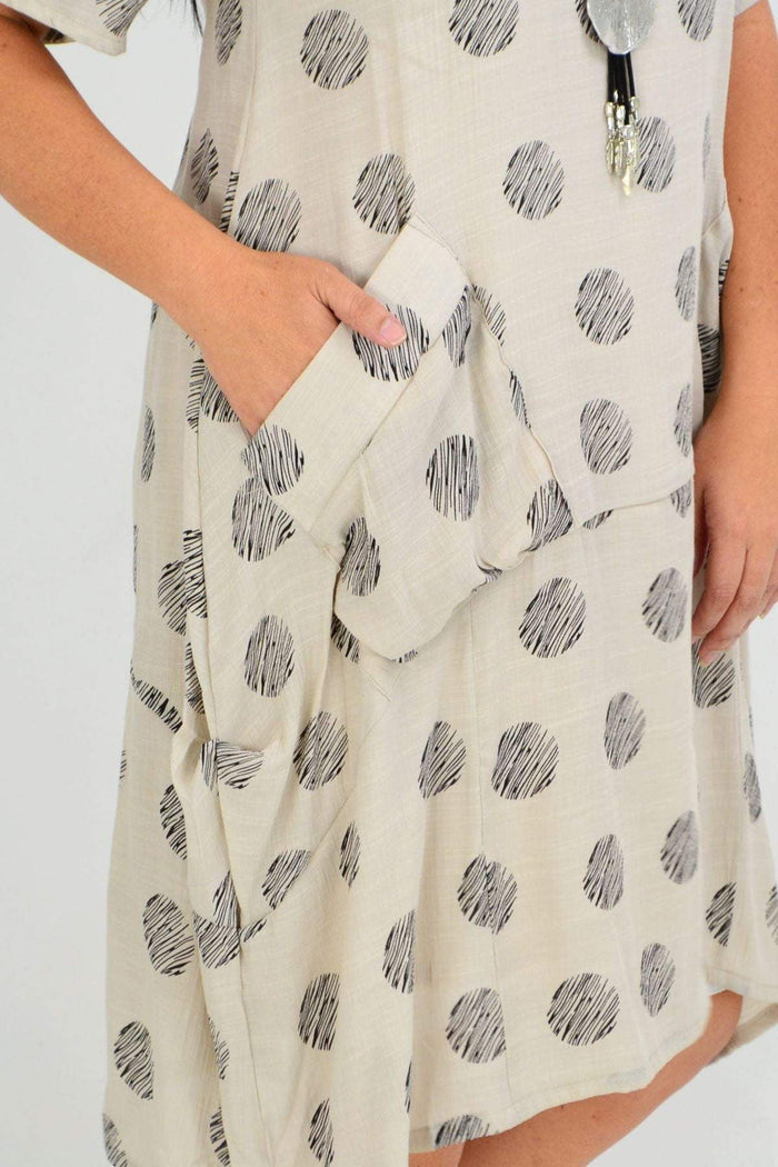 Taupe bubble tunic dress with beige dot pattern from La Mode, featuring a relaxed fit and stylish design.