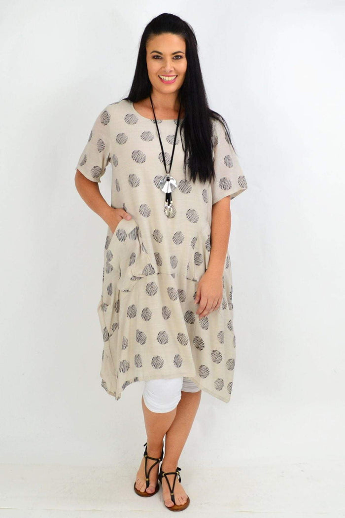 Taupe Dots Bubble Tunic Dress by La Mode featuring beige polka dots and a relaxed, oversized fit.