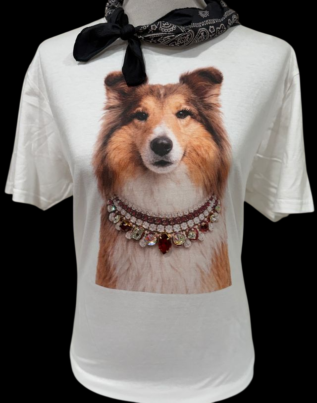 Tee Collie Jeweled Collar Patch White Crew