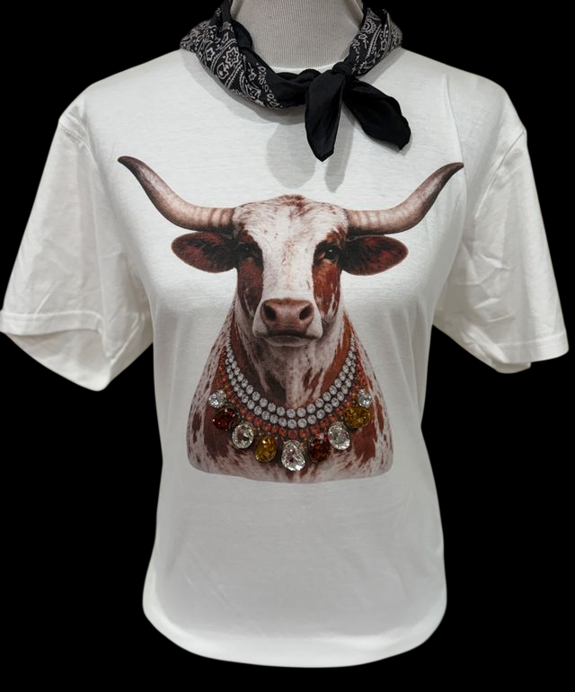 Tee Longhorn Jeweled Collar Patch White Crew