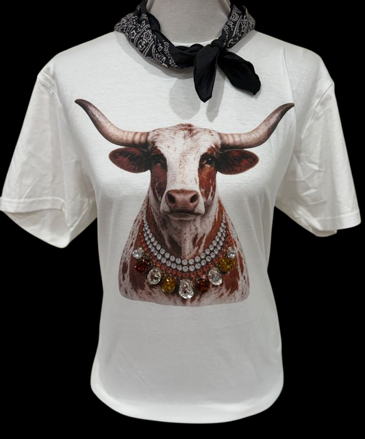 Tee Longhorn Jeweled Collar Patch White Crew