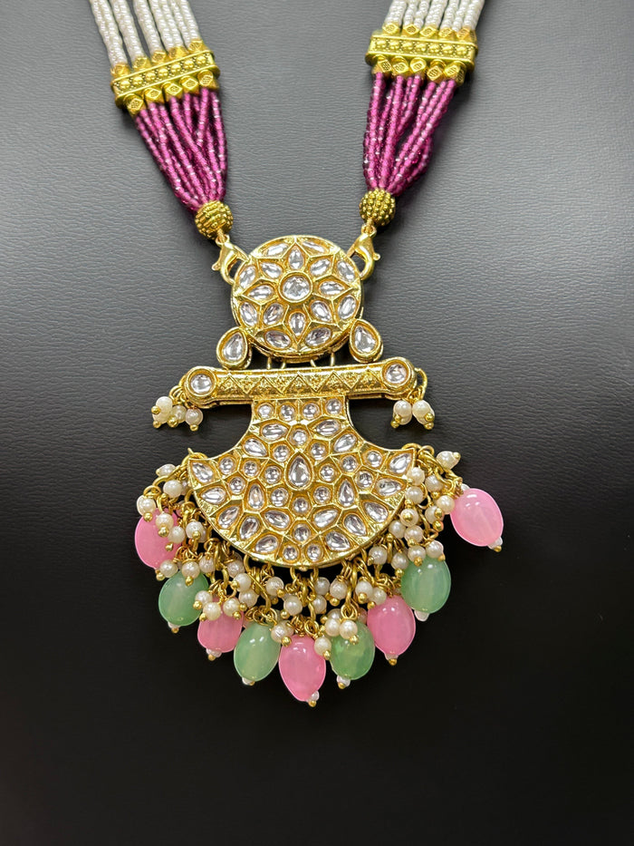 Kurti Connection USA traditional multi-strand beaded statement necklace with kundan stones, pearls, and teardrop beads.