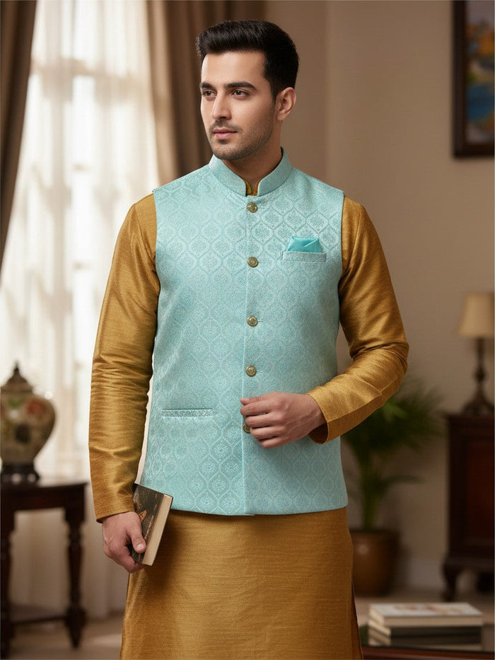 Kurti Connection USA light blue jacquard Nehru jacket with mandarin collar worn over a gold kurta for men.