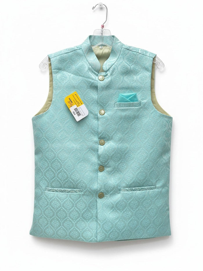 Kurti Connection USA light blue jacquard Nehru jacket with mandarin collar, button front, and matching pocket square.