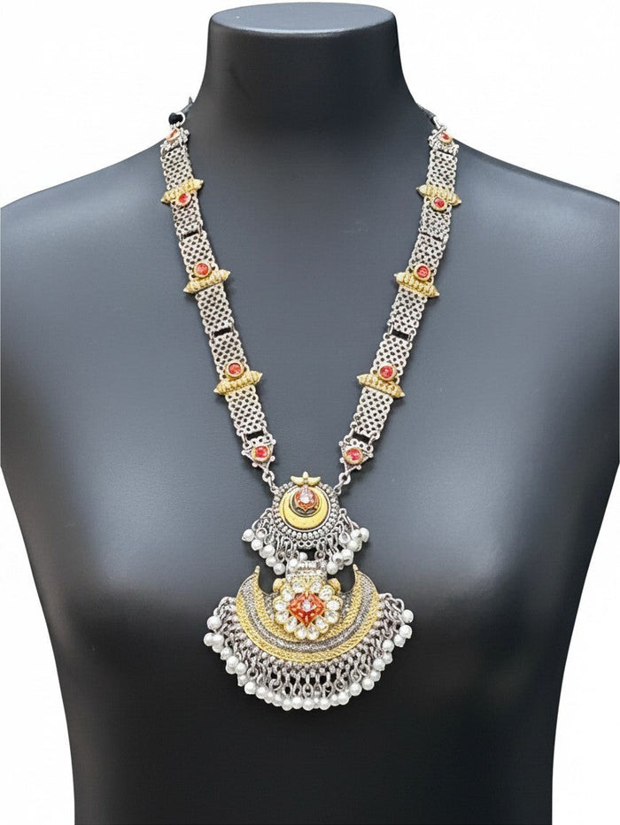 Kurti Connection USA traditional ethnic statement necklace with oxidized silver, gold accents, red stones, and pearls.