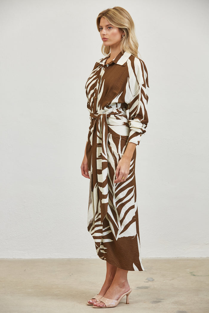 Tropical Leaf Print Shirt Tie Waist Maxi Dress - Brown