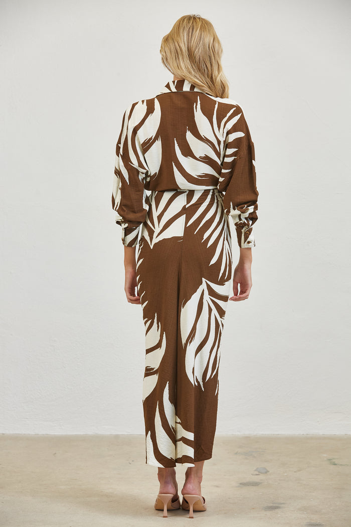 Tropical Leaf Print Shirt Tie Waist Maxi Dress - Brown