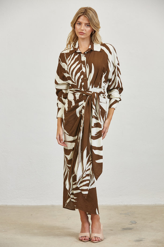 Tropical Leaf Print Shirt Tie Waist Maxi Dress - Brown