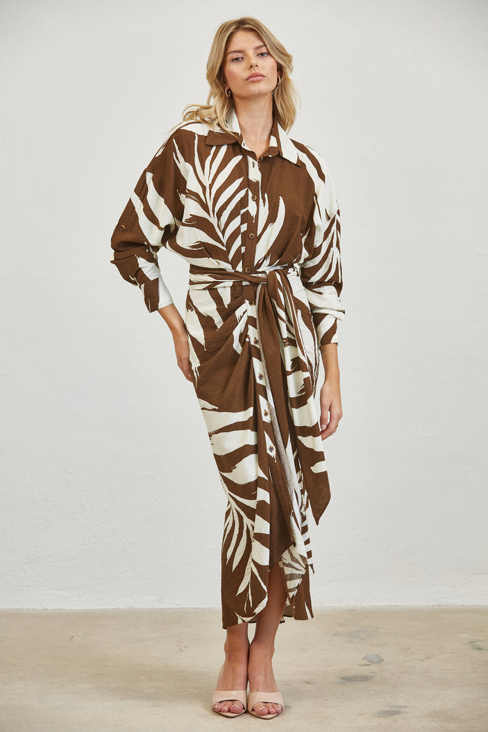 Tropical Leaf Print Shirt Tie Waist Maxi Dress - Brown
