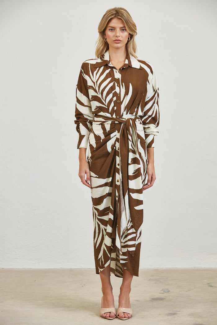 Tropical Leaf Print Shirt Tie Waist Maxi Dress - Brown