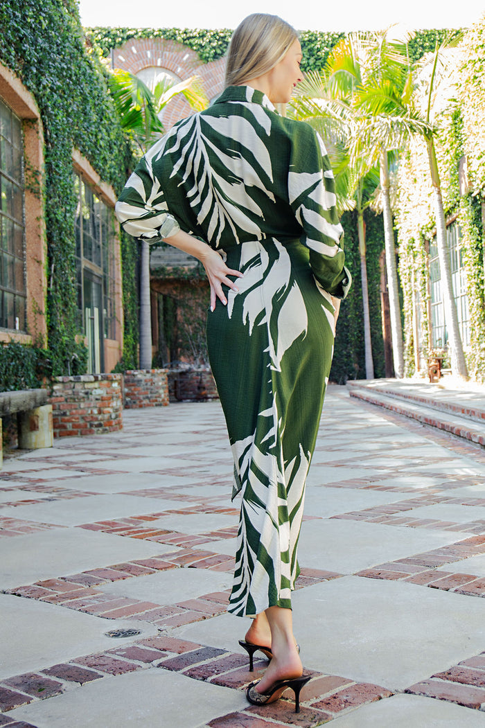 Tropical Leaf Print Shirt Tie Waist Maxi Dress