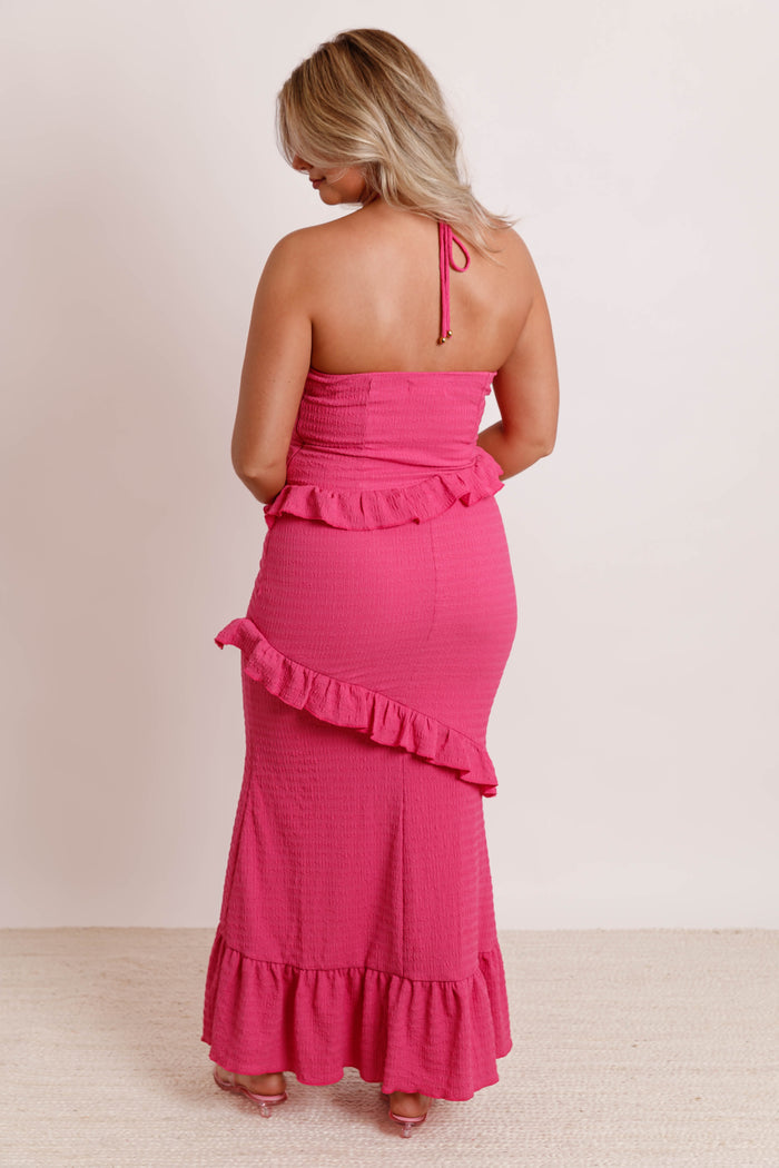 Halter Cutout Ruffle Dress- Women's Hot Pink Maxi Dress- One & Only Maxi Dress