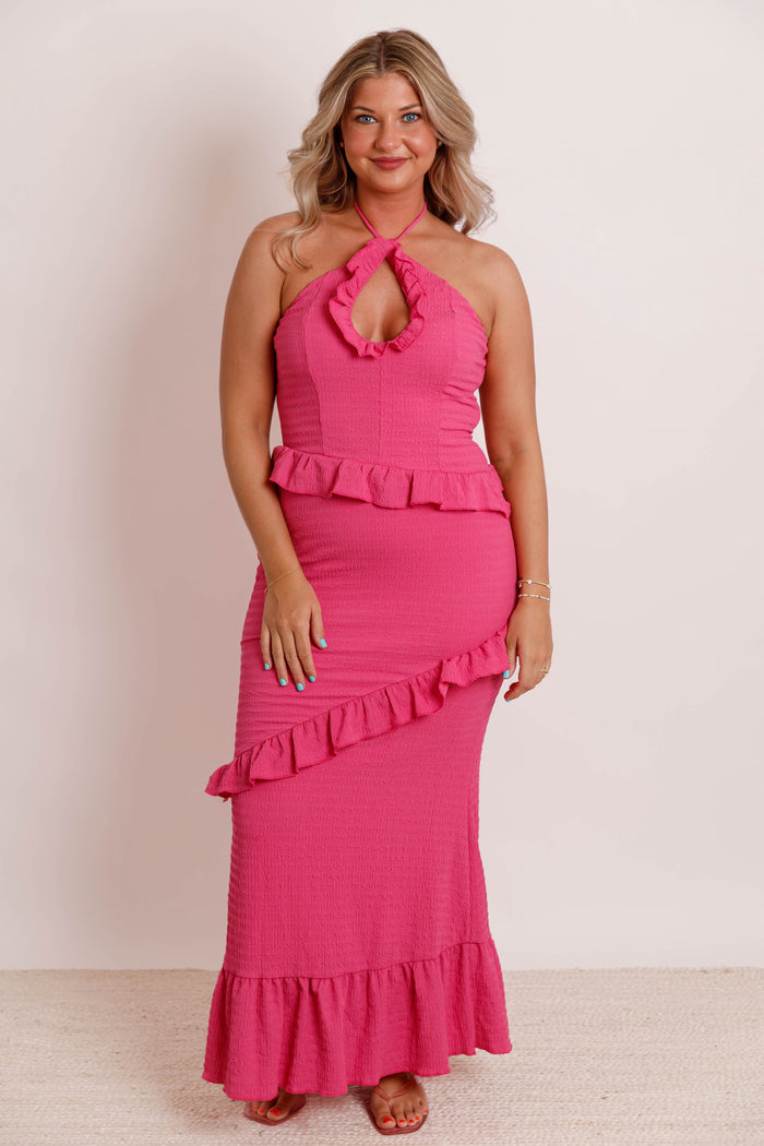 Halter Cutout Ruffle Dress- Women's Hot Pink Maxi Dress- One & Only Maxi Dress