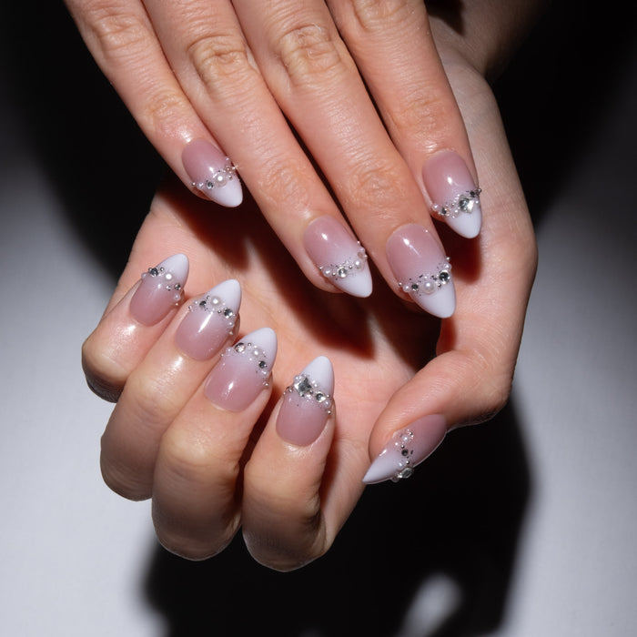 White Ombre Pearl and Rhinestone Press On Nails