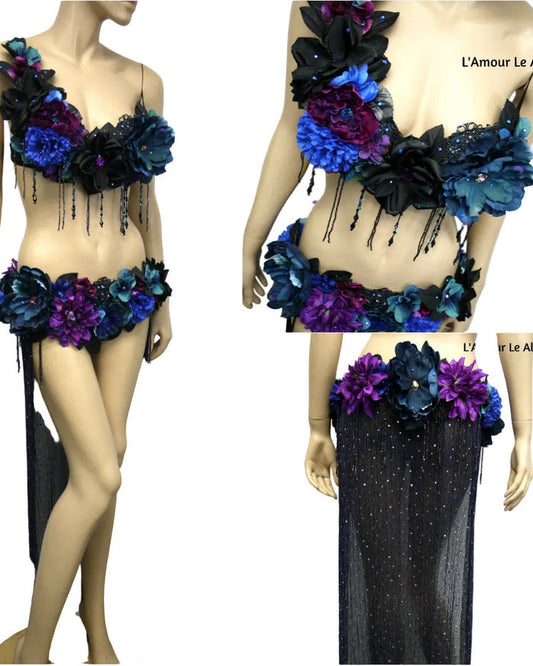 Two Piece Dark Midnight Rose Fairy Gown with Train Costume Belly Dancer