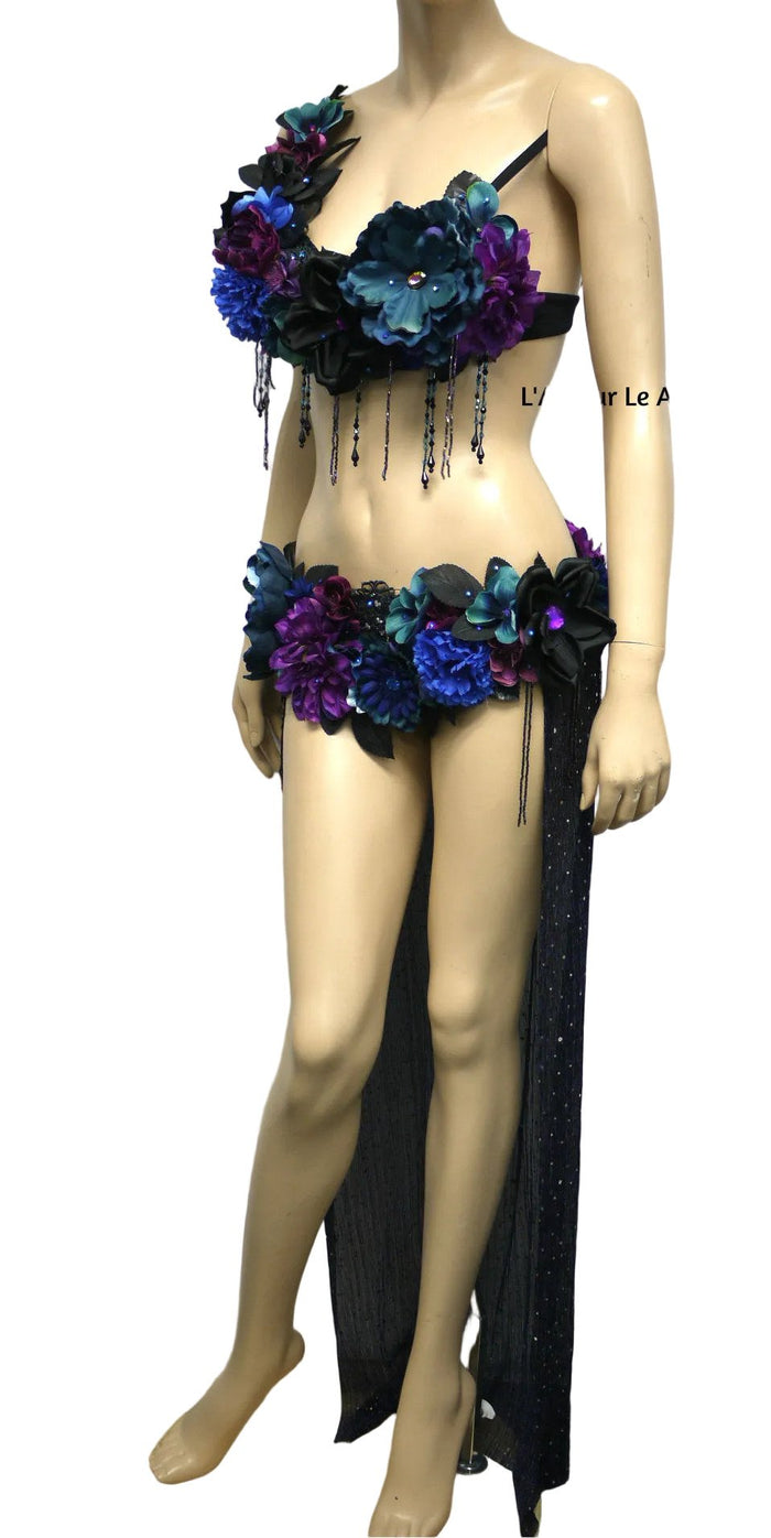 Two Piece Dark Midnight Rose Fairy Gown with Train Costume Belly Dancer