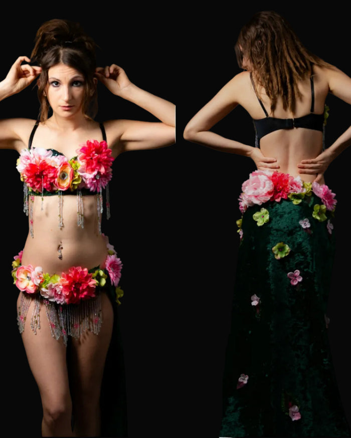 Two Piece Pink and Green Rose Fairy Gown with Train Costume