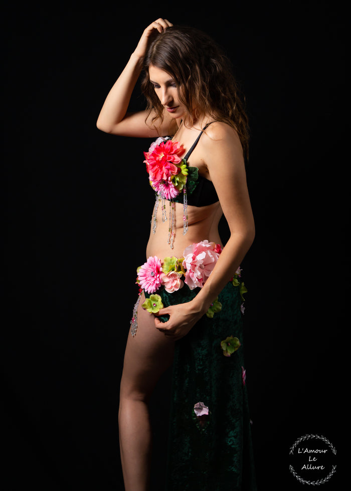 Two Piece Pink and Green Rose Fairy Gown with Train Costume