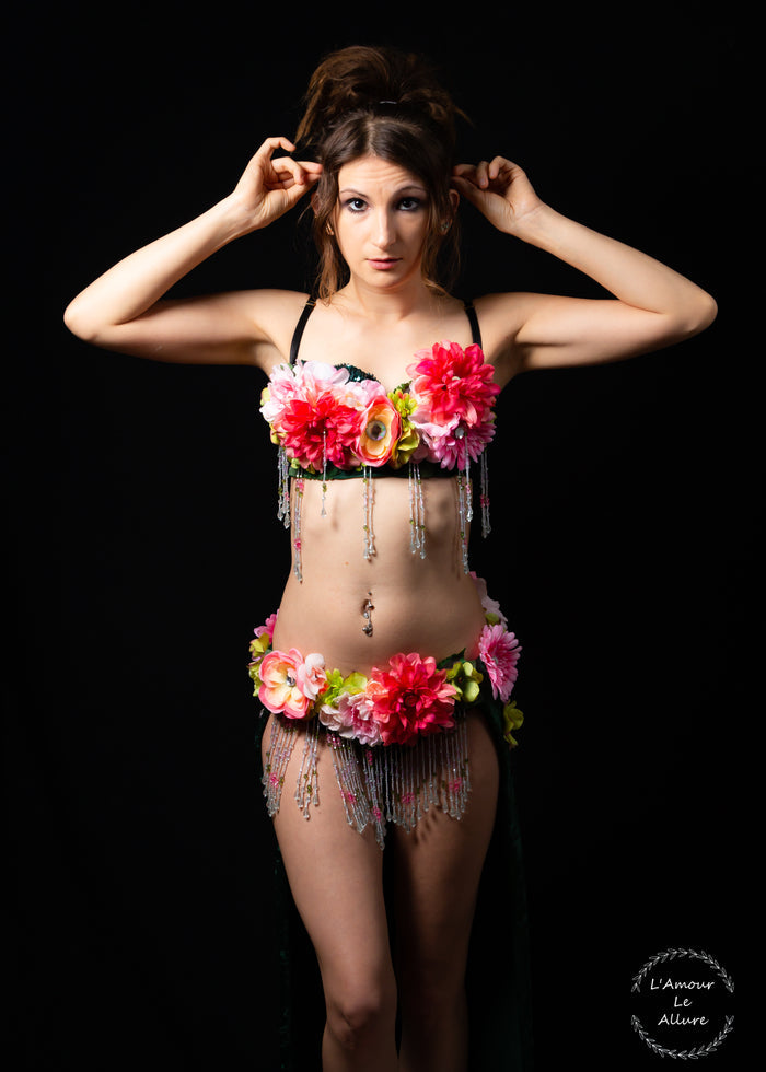 Two Piece Pink and Green Rose Fairy Gown with Train Costume
