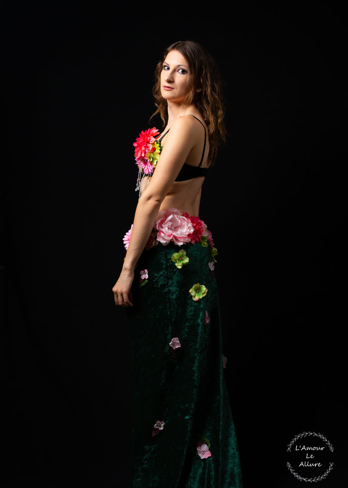 Two Piece Pink and Green Rose Fairy Gown with Train Costume