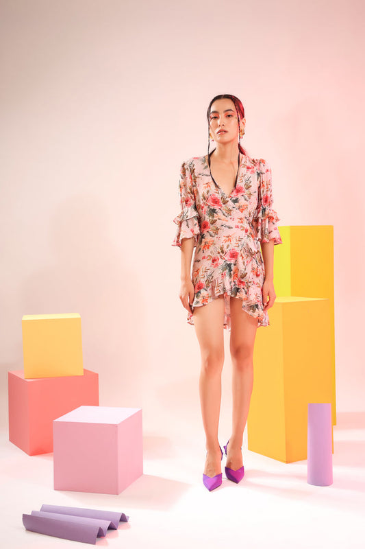 Victoria Bloom Wrap Around  Muslin Silk Pink Dress