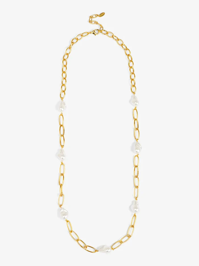baroque link long necklace gold chain with baroque pearl accents modern pearl jewelry