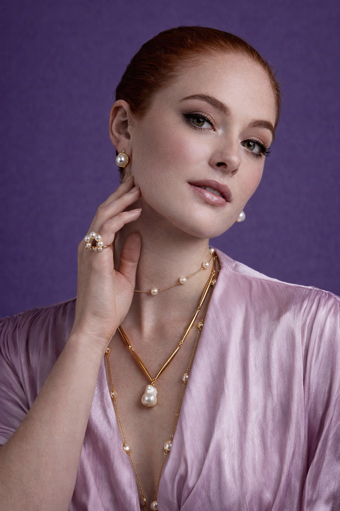 model wearing gold baroque pearl pendant necklace minimalist modern pearl jewelry