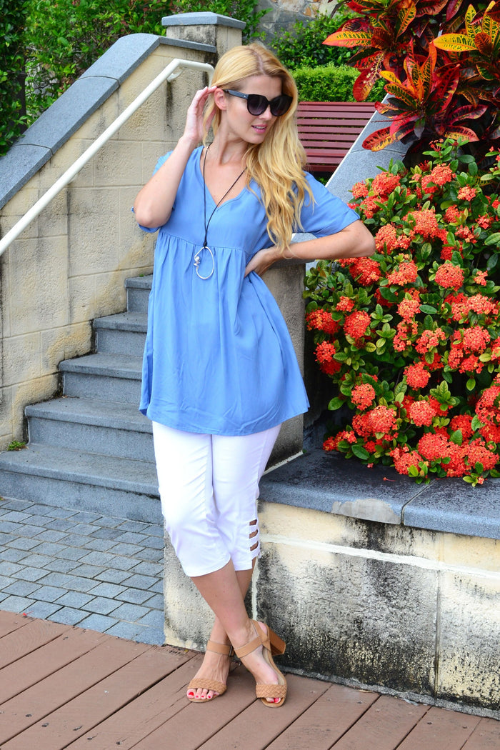 Blue wedge wood beach day tunic top by HQ, lightweight sleeveless tunic with a relaxed fit and casual beach style.