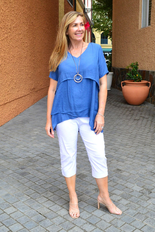 Blue layered tunic blouse by La Mode, featuring a relaxed fit and intricate detailing, perfect for casual or semi-formal wear.
