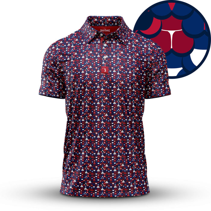 The Whale Tail - Freedom Cheeks - Polo is a short-sleeve, athletic-fit collared shirt featuring a repeating raspberry pattern in red, blue, and white on a dark background, with an enlarged raspberry illustration highlighting its circular segments.