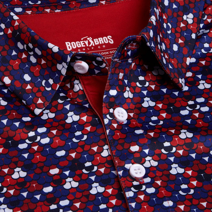 A close-up of the Whale Tail - Freedom Cheeks - Polo shows a red, white, and blue dot pattern, athletic fit, white buttons, and a red inner collar. The label reads “Bogey Bros Golf” in white on a red background.