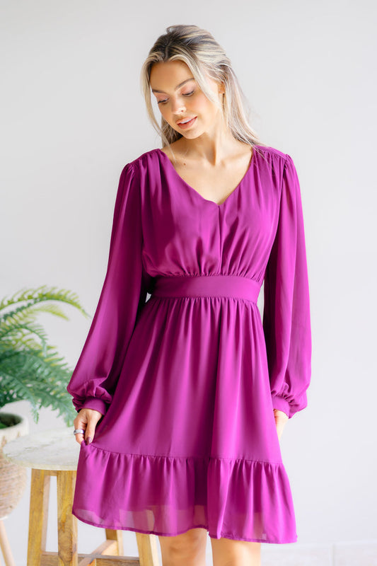 Whispered Wishes V Neck Ruffle Dress Magenta