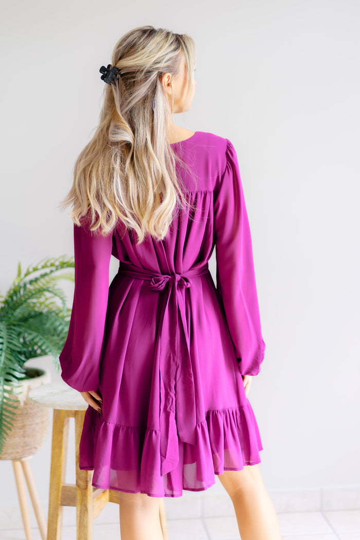 Whispered Wishes V Neck Ruffle Dress Magenta