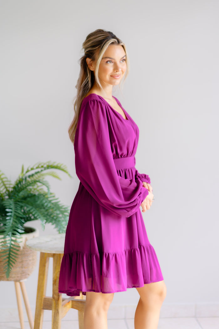 Whispered Wishes V Neck Ruffle Dress Magenta