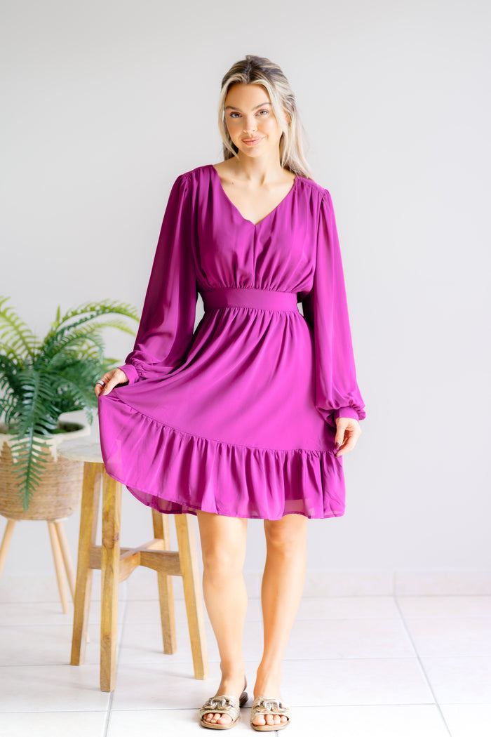 Whispered Wishes V Neck Ruffle Dress Magenta