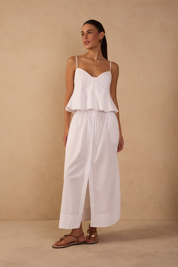 White Drawstring Side Slits Cotton Maxi Skirt_1