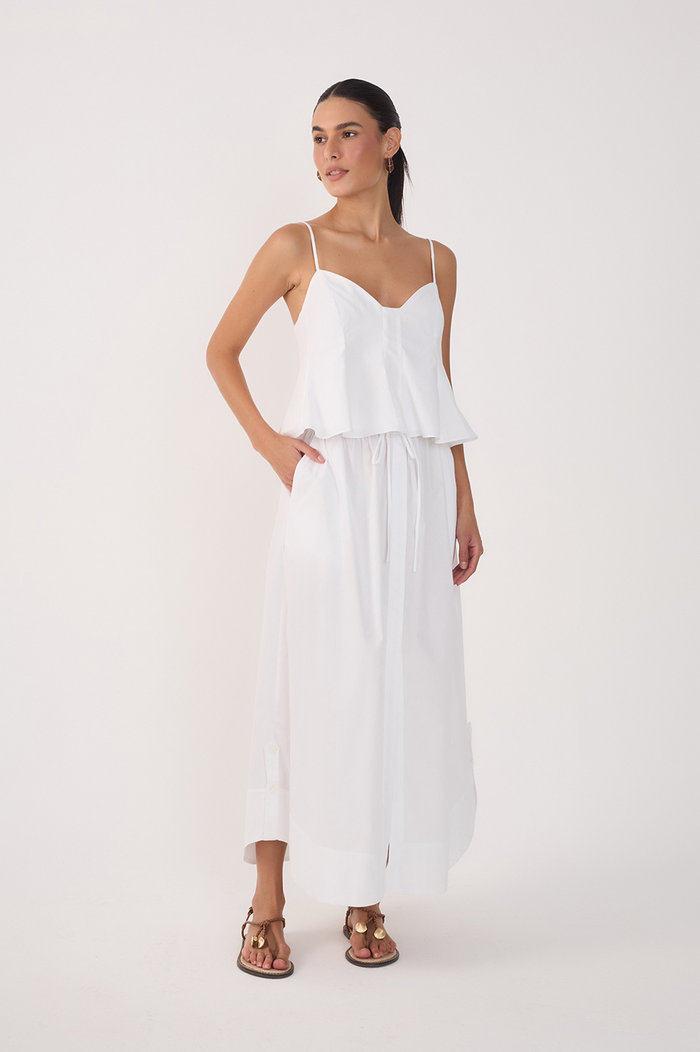 White Drawstring Side Slits Cotton Maxi Skirt_2
