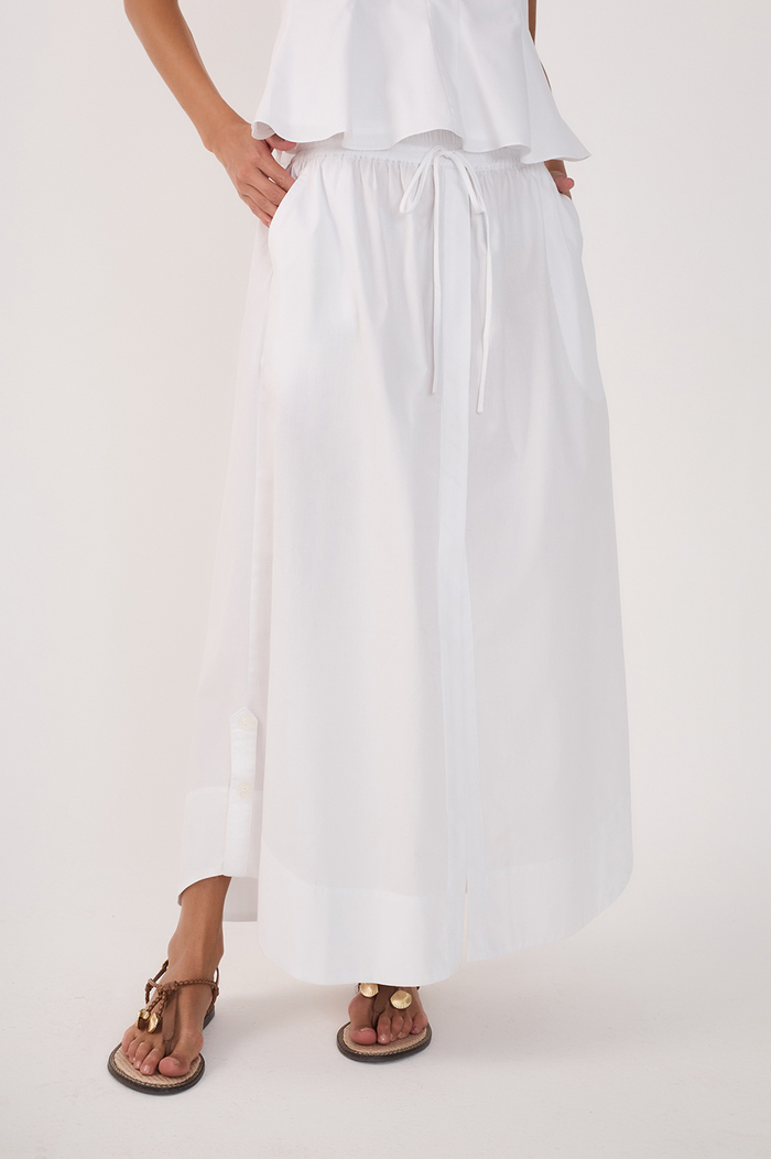 White Drawstring Side Slits Cotton Maxi Skirt_3