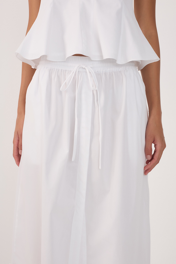 White Drawstring Side Slits Cotton Maxi Skirt_4