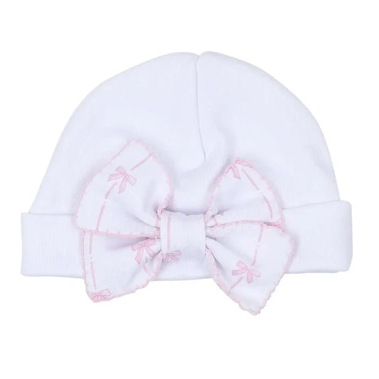 White Pima Cotton Beanie Hat with Pink Embroidered Bow