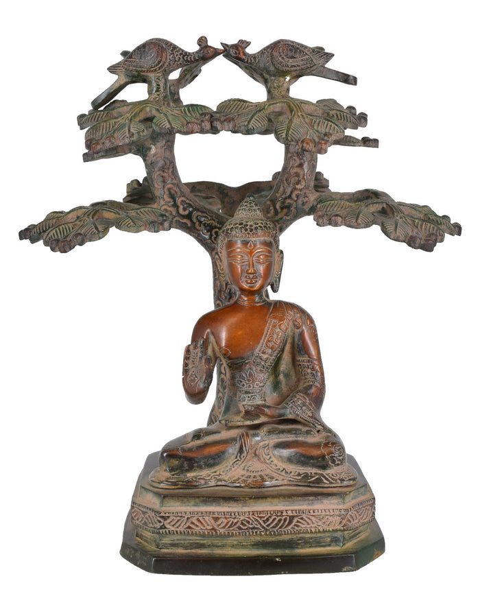 White Whale Brass Buddha Statue Blessing Under The Tree Murti for Home Decor Entrance Office Table Living Room Meditation Luck Gift Feng Shui