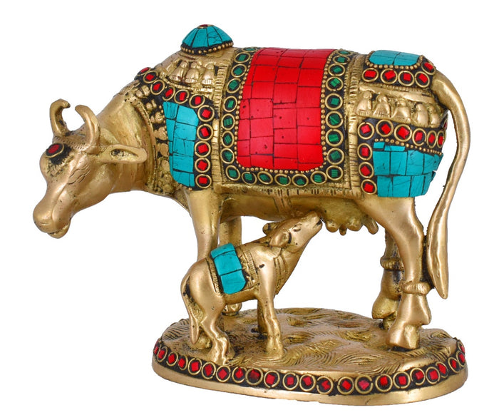 White Whale Brass Kamdhenu Cow and Calf Idol Showpiece for Home Decor and Decorative Gift