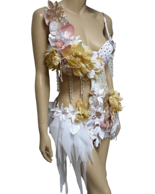 Winter White Pink Fairy Monokini Dance Halloween Rave Bra Costume