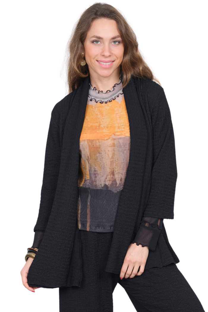 Women's Black Waffle Knit Cardigan Long Sleeves - "Kit"