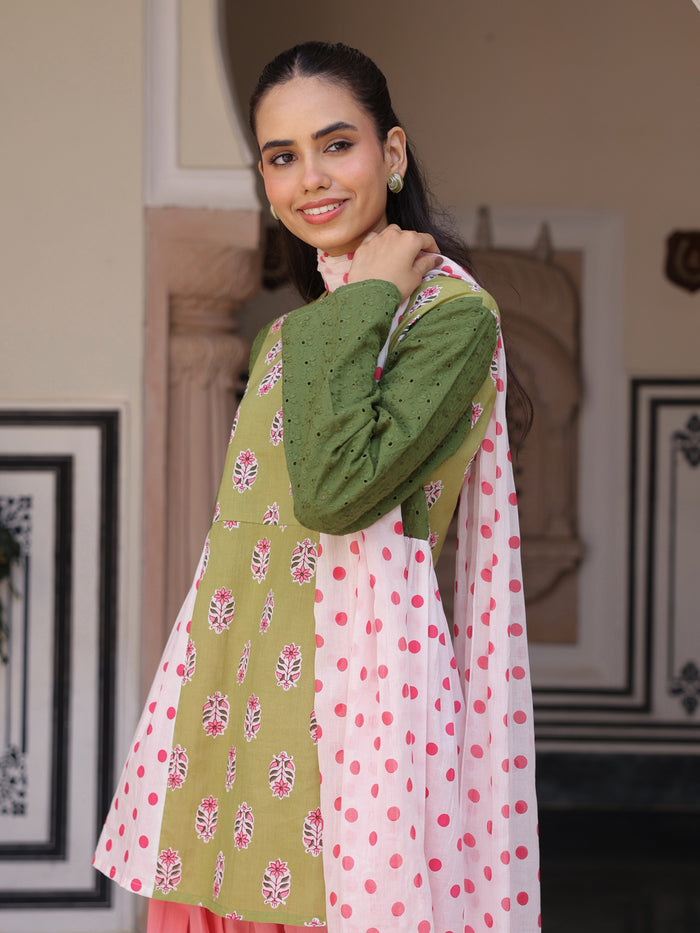 Women’s Cotton Patchwork Kurta and Farshi Salwar with Dupatta