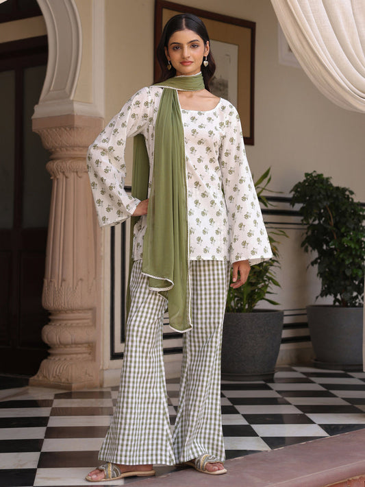 Women's Cotton Short Kurti With Flared Pants and Dupatta